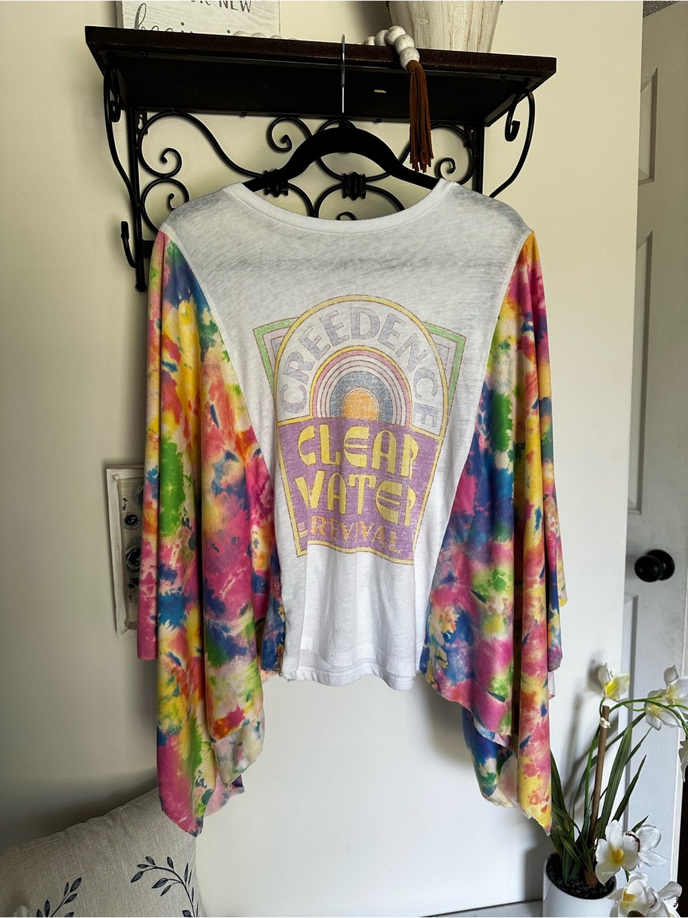 Lucky Brand White upcycled band Tee with CCR Graphic and tie dye sleeves